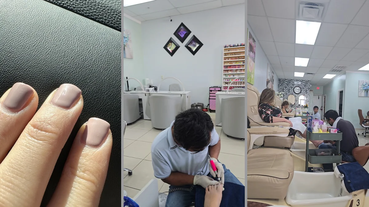 Nail technician workspace with files and lamps.